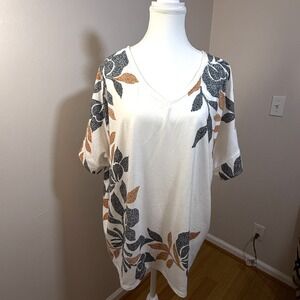 Chico's Size 4 Floral V-Neck Stretch Top Ivory Navy Rust